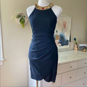 Vintage 80s/90s Bari Jay Beaded Sequin Gemstone Collar Halter Dress